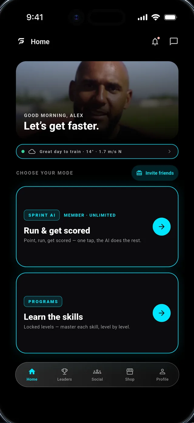 Home screen: Run and get scored, or Learn the skills