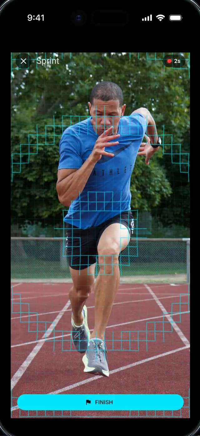 Speed For Sport AI recording a sprint on the track under the cyan scanning mesh