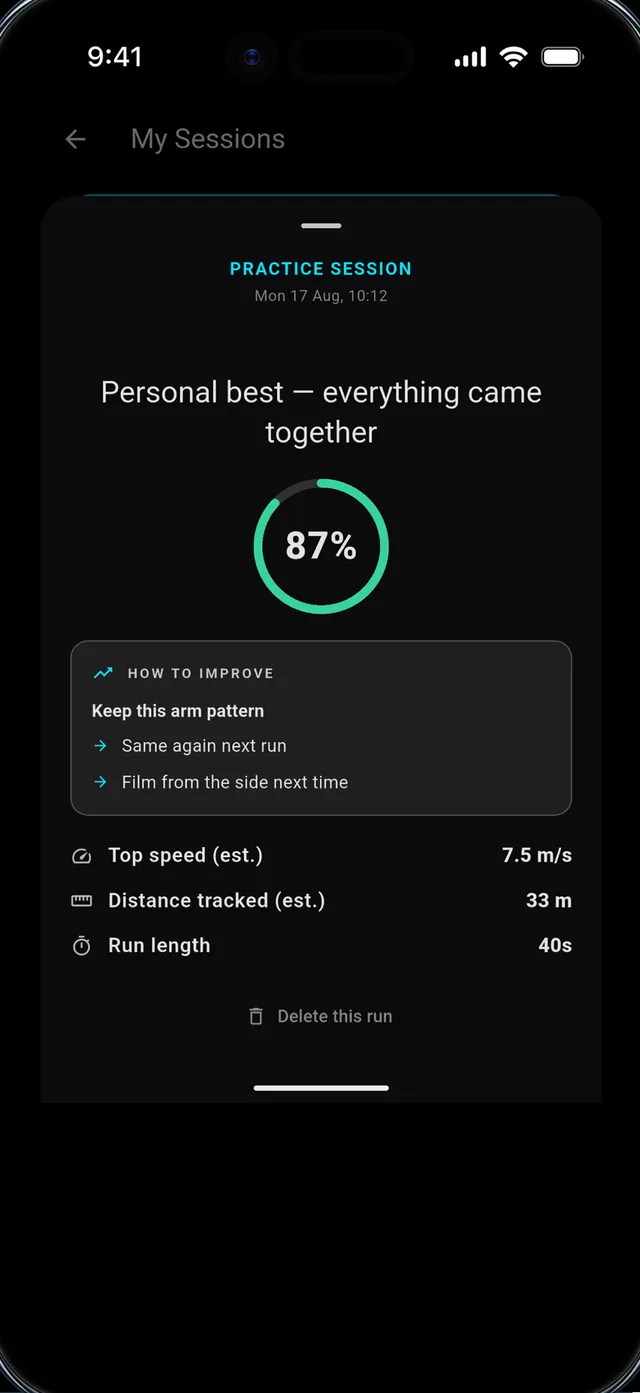 A scorecard showing 87%, how to improve, top speed 7.5 m/s and 33 m tracked