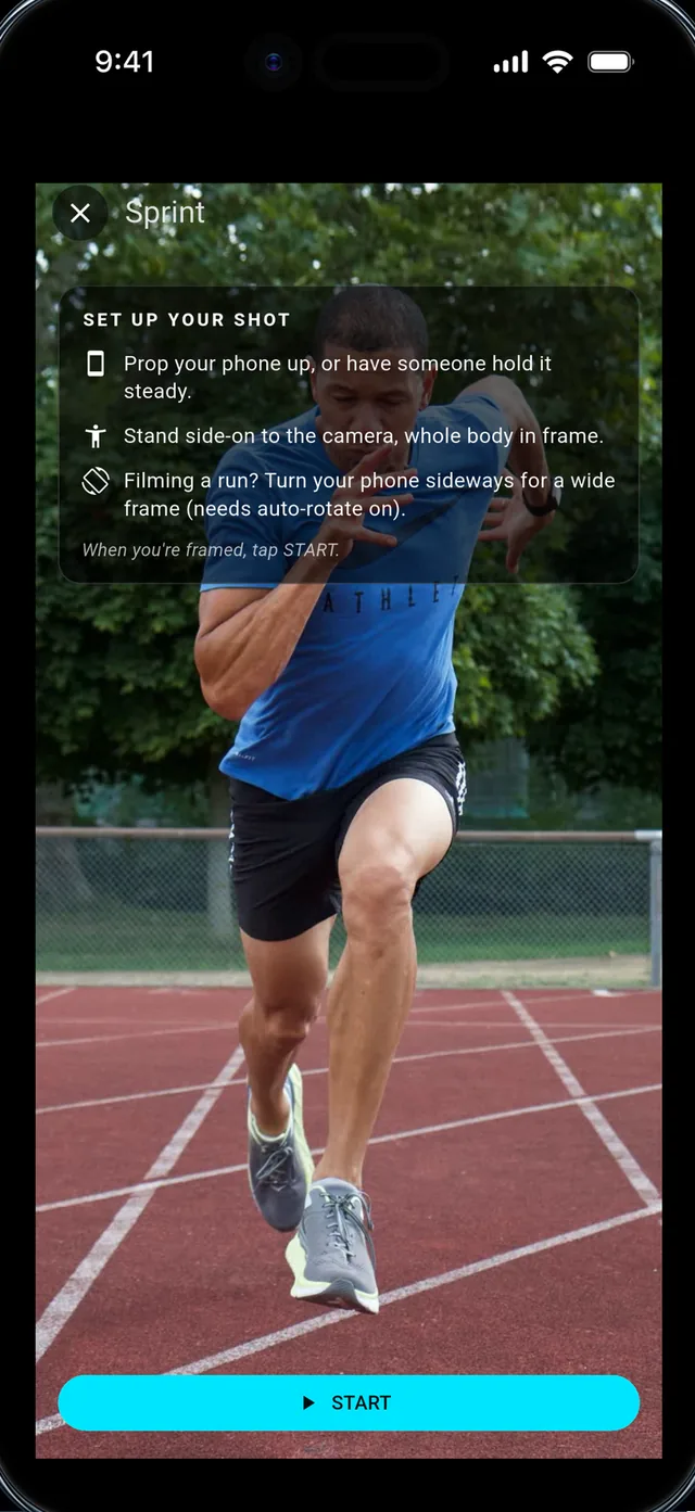 Set up your shot: prop the phone side-on, whole body in frame, then tap START